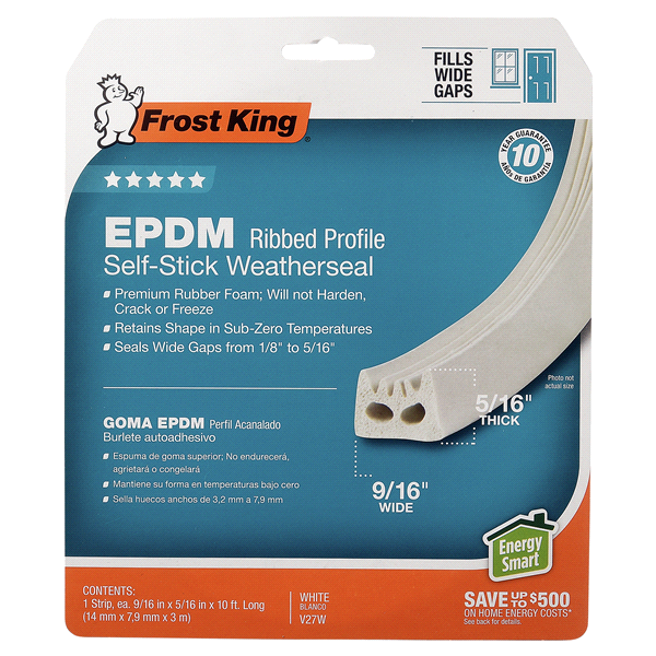 slide 1 of 1, Frost King EPDM Weatherstrip Tape, 1/2 x 5/16 x 10', Cushioned Rib/White, 1 ct