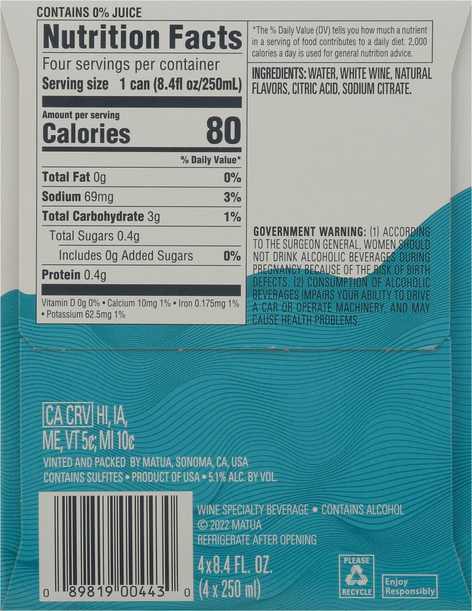 slide 8 of 9, Matua Cooler Sparkling Water Splash of Kiwi Sauvignon Blanc 4 - 8.4 fl oz Cans, 250 ml
