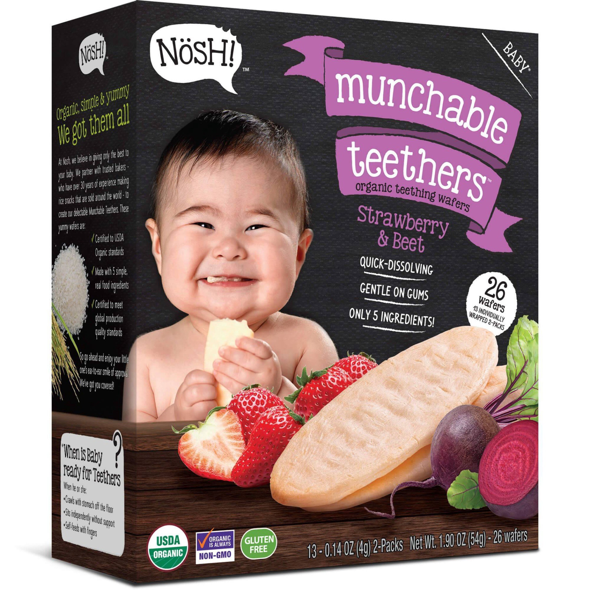 slide 1 of 4, Nosh Baby Munchables, Beet & Strawberry Organic Teething Wafers, 1.9 oz