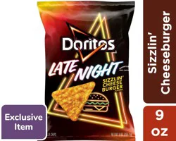 Doritos Tortilla Chips, Late Night Sizzlin Cheeseburger Flavored, 9 Oz