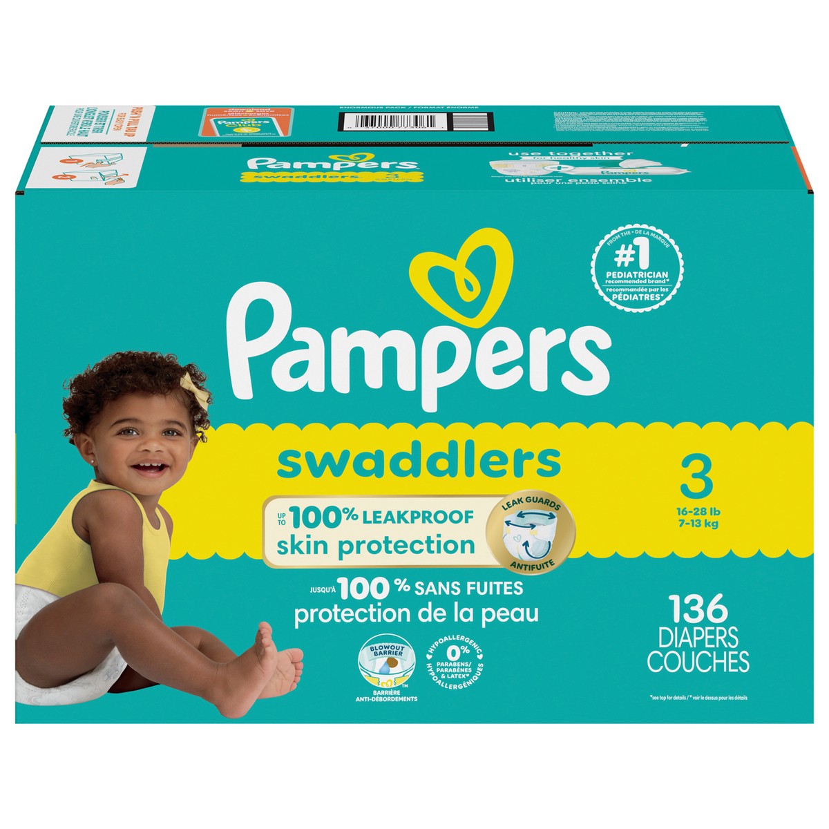 slide 1 of 3, Pampers Swaddlers Diapers, Size 3 (16-28 lbs), 136 Count, Ultra Absorbent Disposable Baby Diaper, 136 ct