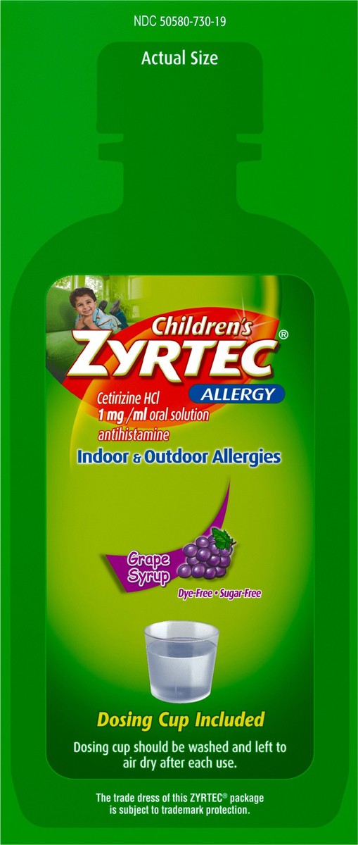 slide 10 of 13, Zyrtec Children's Zyrtec 24 Hour Allergy Relief Syrup, 5 mg Cetirizine HCl Antihistamine, Kids Allergy Medicine for Indoor & Outdoor Allergy Relief, Dye-Free & Sugar-Free, Grape, 8 fl. oz, 8 fl oz