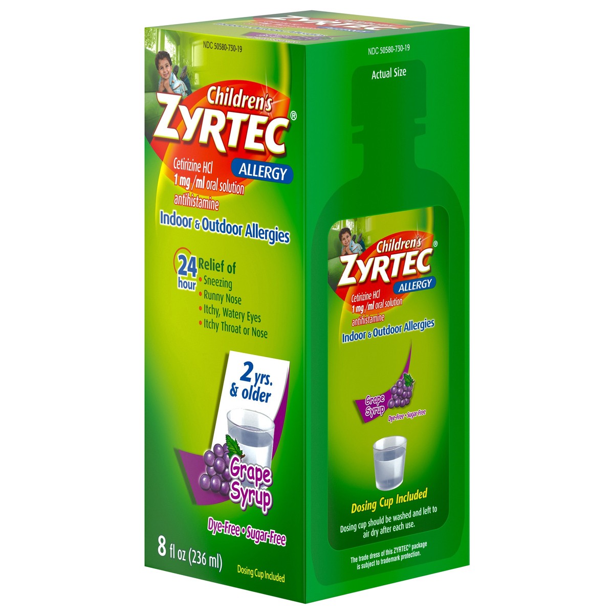 slide 13 of 13, Zyrtec Children's Zyrtec 24 Hour Allergy Relief Syrup, 5 mg Cetirizine HCl Antihistamine, Kids Allergy Medicine for Indoor & Outdoor Allergy Relief, Dye-Free & Sugar-Free, Grape, 8 fl. oz, 8 fl oz