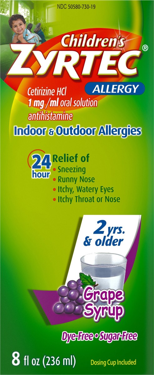 slide 5 of 13, Zyrtec Children's Zyrtec 24 Hour Allergy Relief Syrup, 5 mg Cetirizine HCl Antihistamine, Kids Allergy Medicine for Indoor & Outdoor Allergy Relief, Dye-Free & Sugar-Free, Grape, 8 fl. oz, 8 fl oz