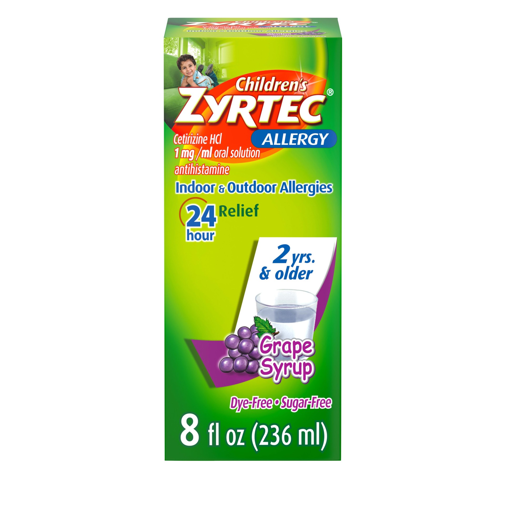 slide 1 of 13, Zyrtec Children's Zyrtec 24 Hour Allergy Relief Syrup, 5 mg Cetirizine HCl Antihistamine, Kids Allergy Medicine for Indoor & Outdoor Allergy Relief, Dye-Free & Sugar-Free, Grape, 8 fl. oz, 8 fl oz