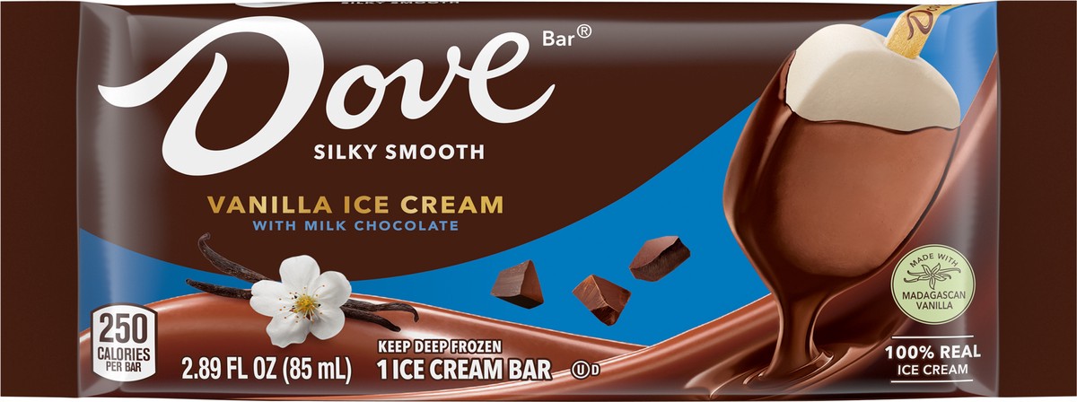 slide 6 of 9, DOVE Vanilla Ice Cream Bar Coated With Milk Chocolate, 1 ct, 2.89 fl oz