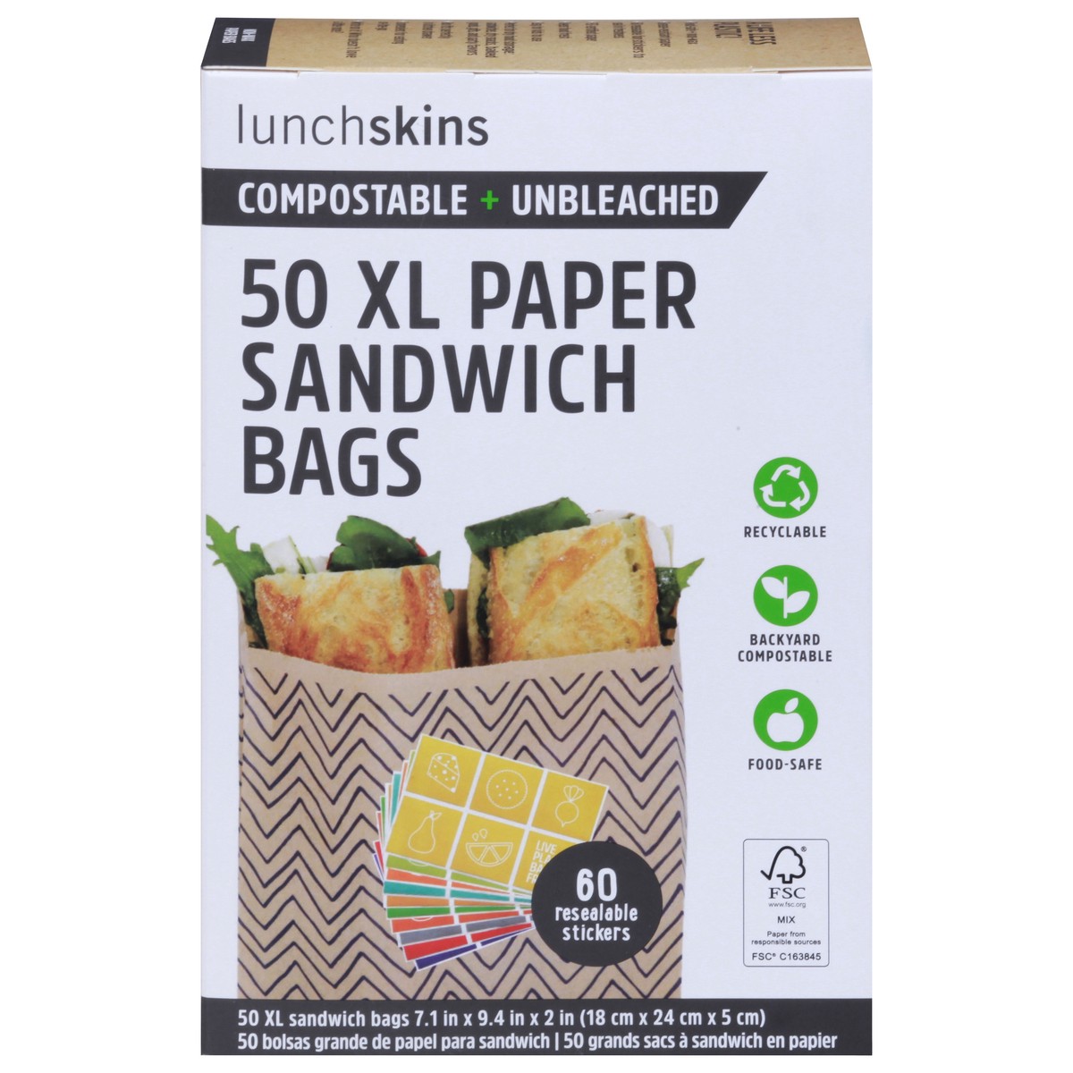 slide 1 of 9, LunchSkins Unbleached Compostable Quart Paper Bags, 50 ct
