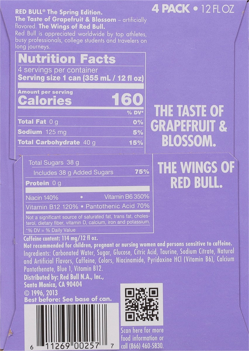 slide 2 of 13, Red Bull Spring Edition Energy Drink, Grapefruit, 12 fl. oz., Pack of 4 cans, with 114mg Caffeine, Taurine & B Vitamins, 4 pk