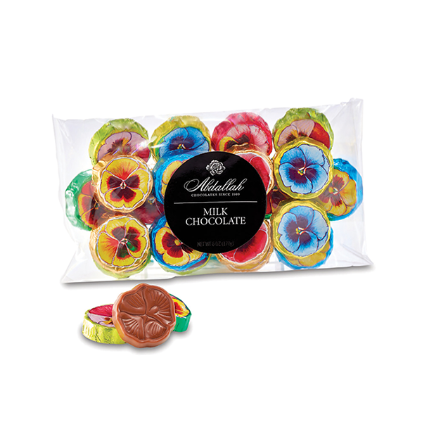 slide 1 of 1, Abdallah Bag Milk Chocolate Foiled Pansies, 6 oz