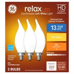 GE Relax Soft White HD 40W LED Light Bulbs Decorative Bent Tip Candelabra Base CAC