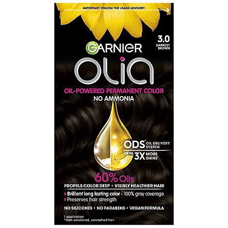 slide 1 of 1, Garnier Olia Oil Powered Ammonia Free Permanent Hair Color 3.0 Darkest Brown Kit - Each, 1 ct