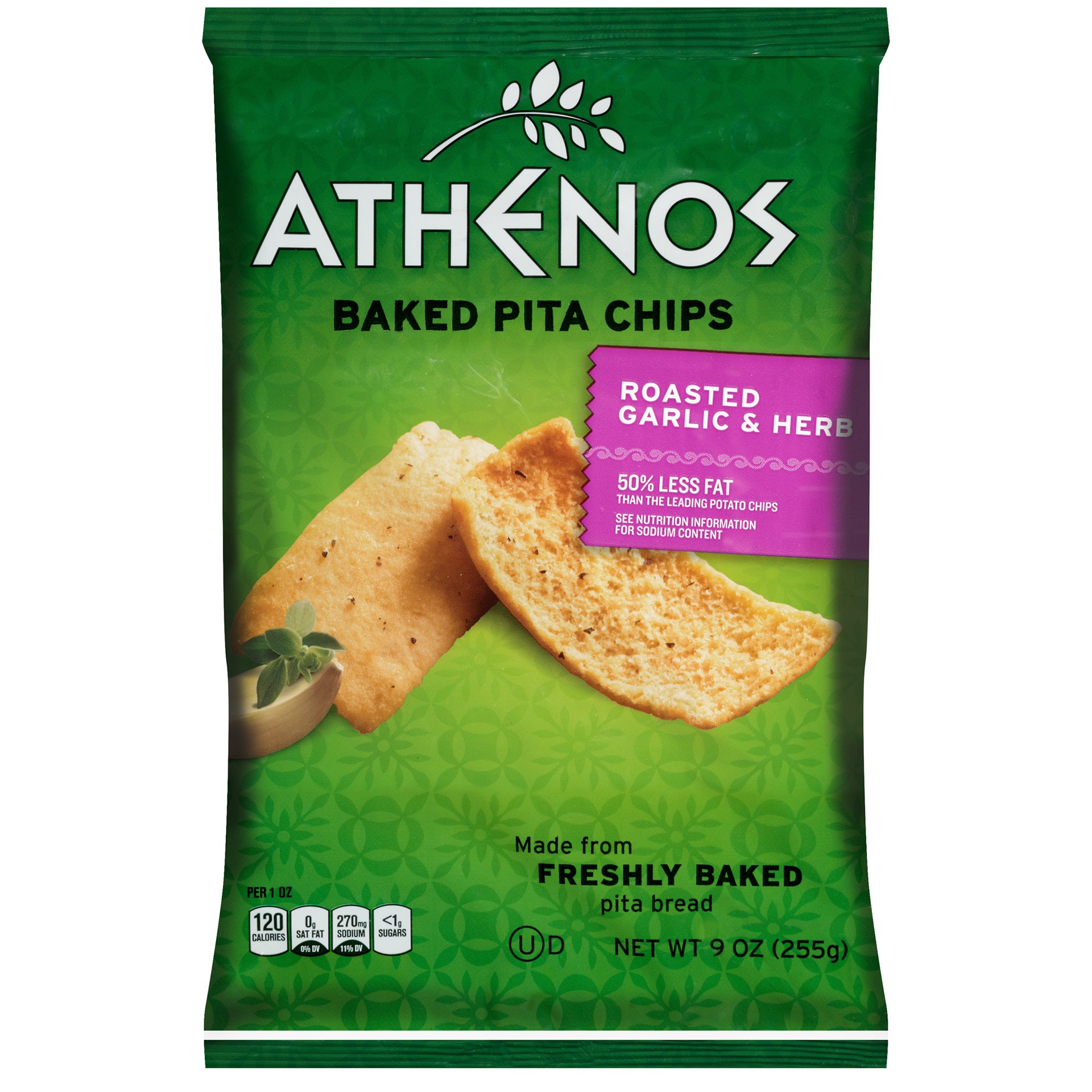 slide 1 of 7, Athenos Roasted Garlic & Herb Baked Pita Chips, 9 oz Bag, 9 oz