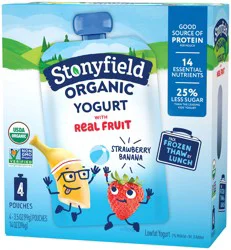 Stonyfield Organic Kids Reduced Fat Yogurt Pouches, Strawberry Banana, 3.5 oz, 4 Ct