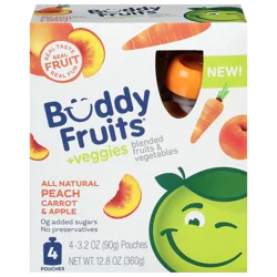 Buddy Fruits +Veggies Peach Carrot & Apple Blended Fruits & Vegetables 4 - 3.2 oz Pouches