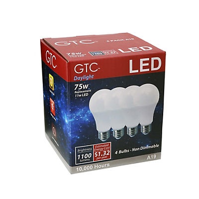 slide 1 of 1, GTC A19 75 Watt LED Daylight Light Bulbs, 4 ct