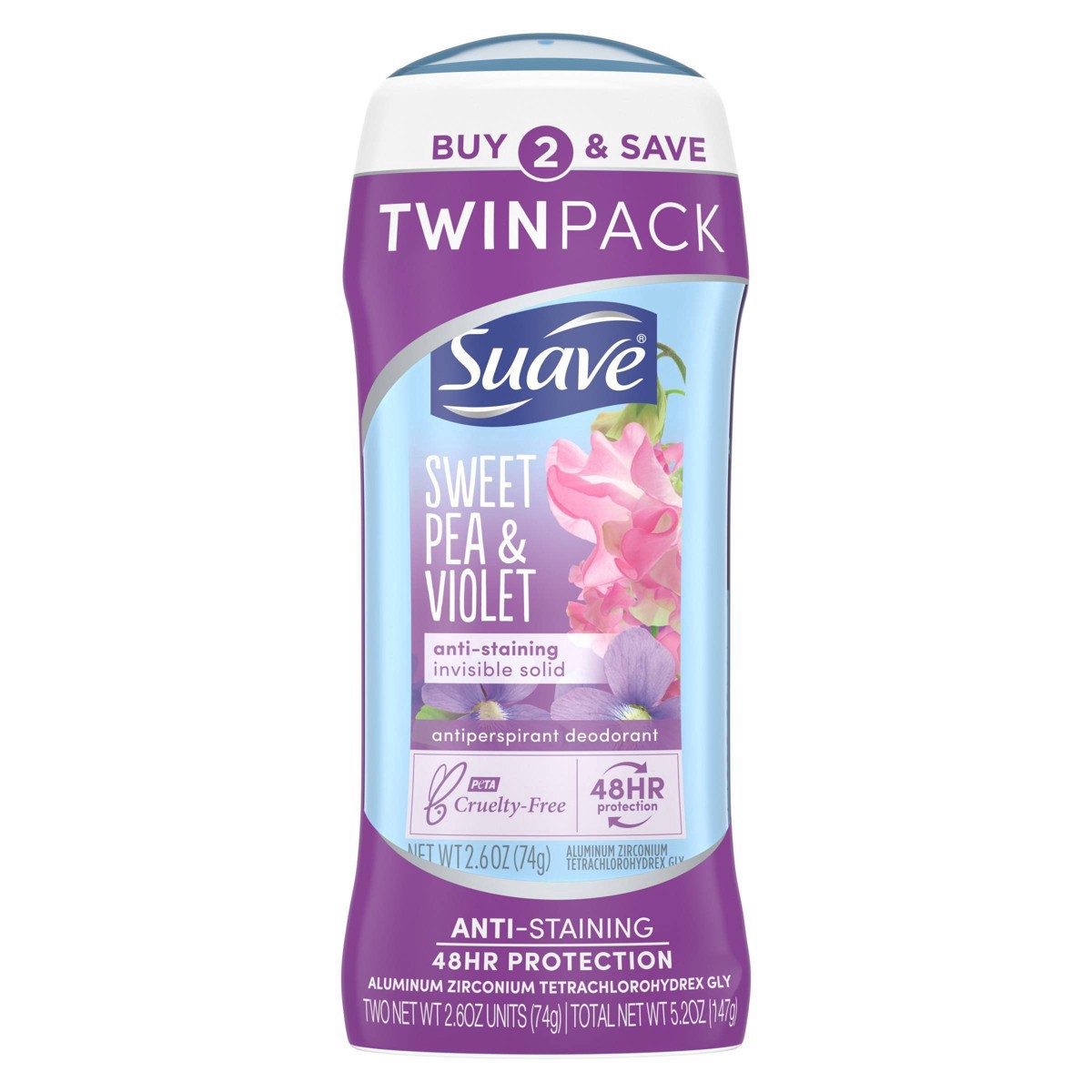 slide 20 of 39, Suave Deodorant Antiperspirant Deodorant Stick Sweet Pea Violet, 2.6 oz, 2 Count, 2.6 oz