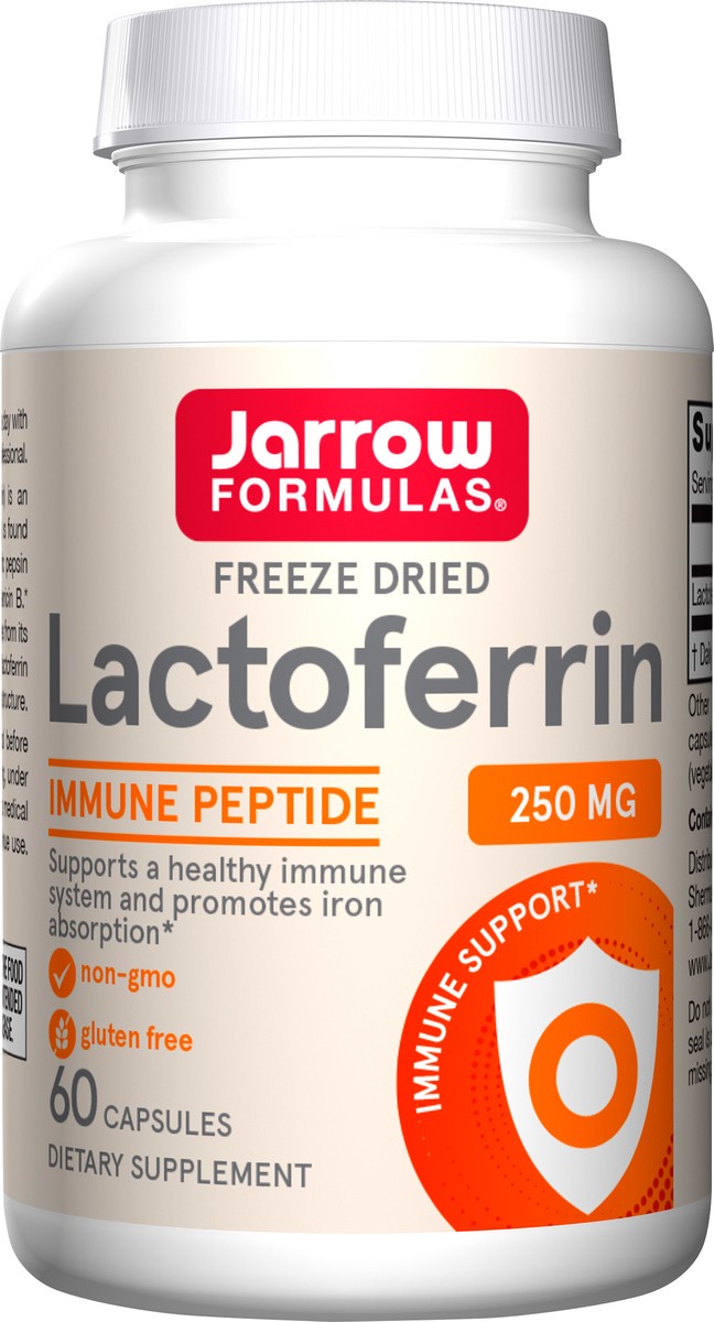 slide 2 of 4, Jarrow Formulas Lactoferrin Supplements 250 mg - Immune-Supporting Glycoprotein for Healthy Immune System Support & Iron Absorption - Freeze Dried, Gluten Free, Non-GMO - 60 Capsules (Servings), 60 ct
