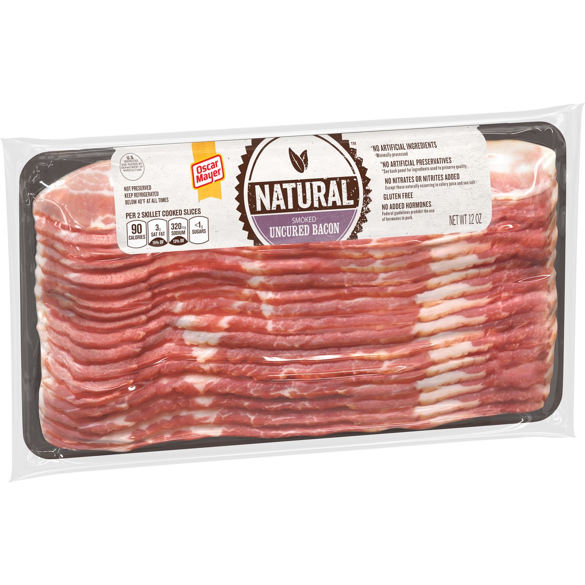slide 3 of 8, Oscar Mayer Natural Smoked Uncured Bacon, 12 oz Pack, 13-15 slices, 12 oz