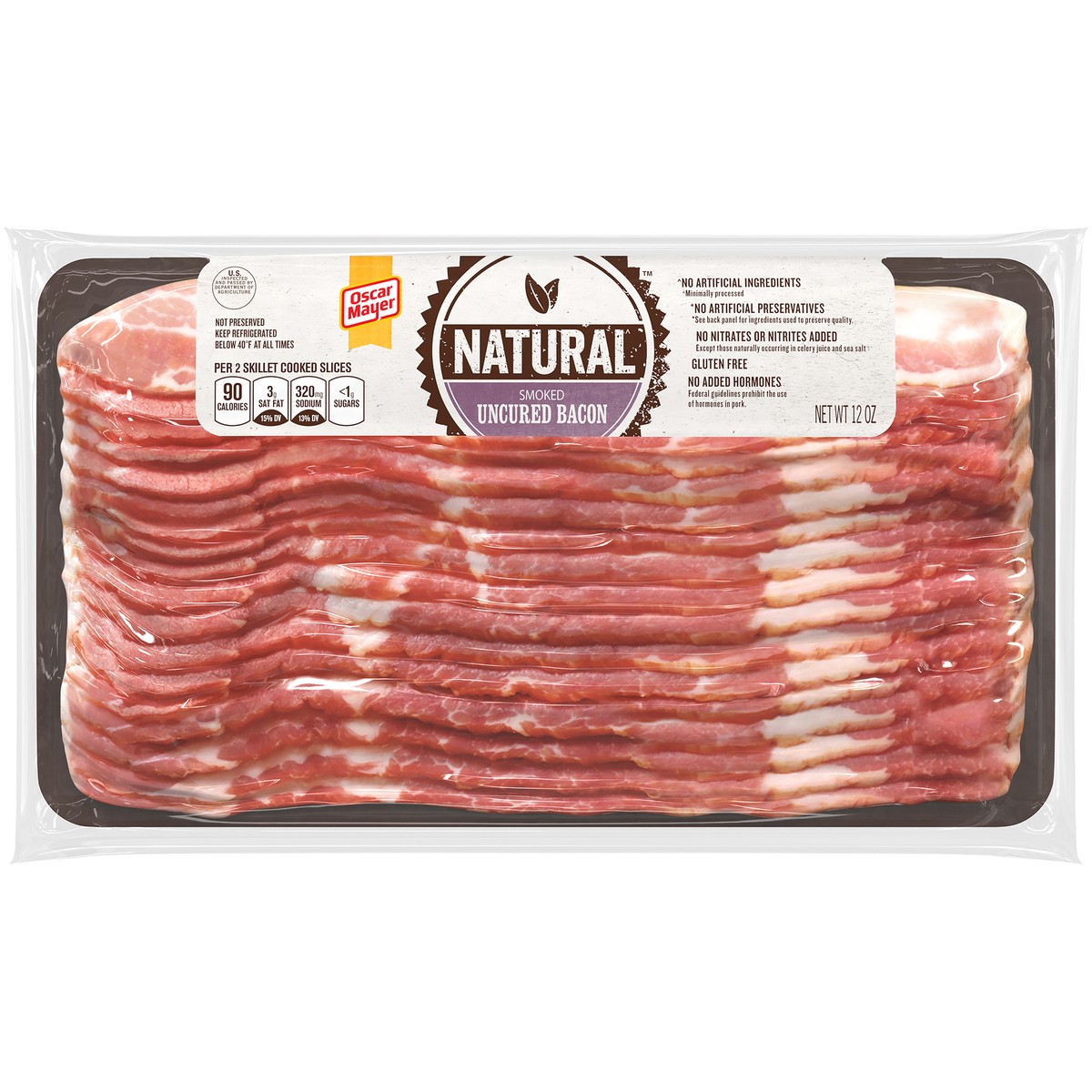 slide 2 of 8, Oscar Mayer Natural Smoked Uncured Bacon, 12 oz Pack, 13-15 slices, 12 oz