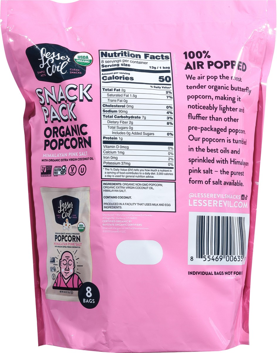 slide 4 of 9, LesserEvil Organic Himalayan Pink Salt Popcorn Snack Pack 8 ea, 8 ct