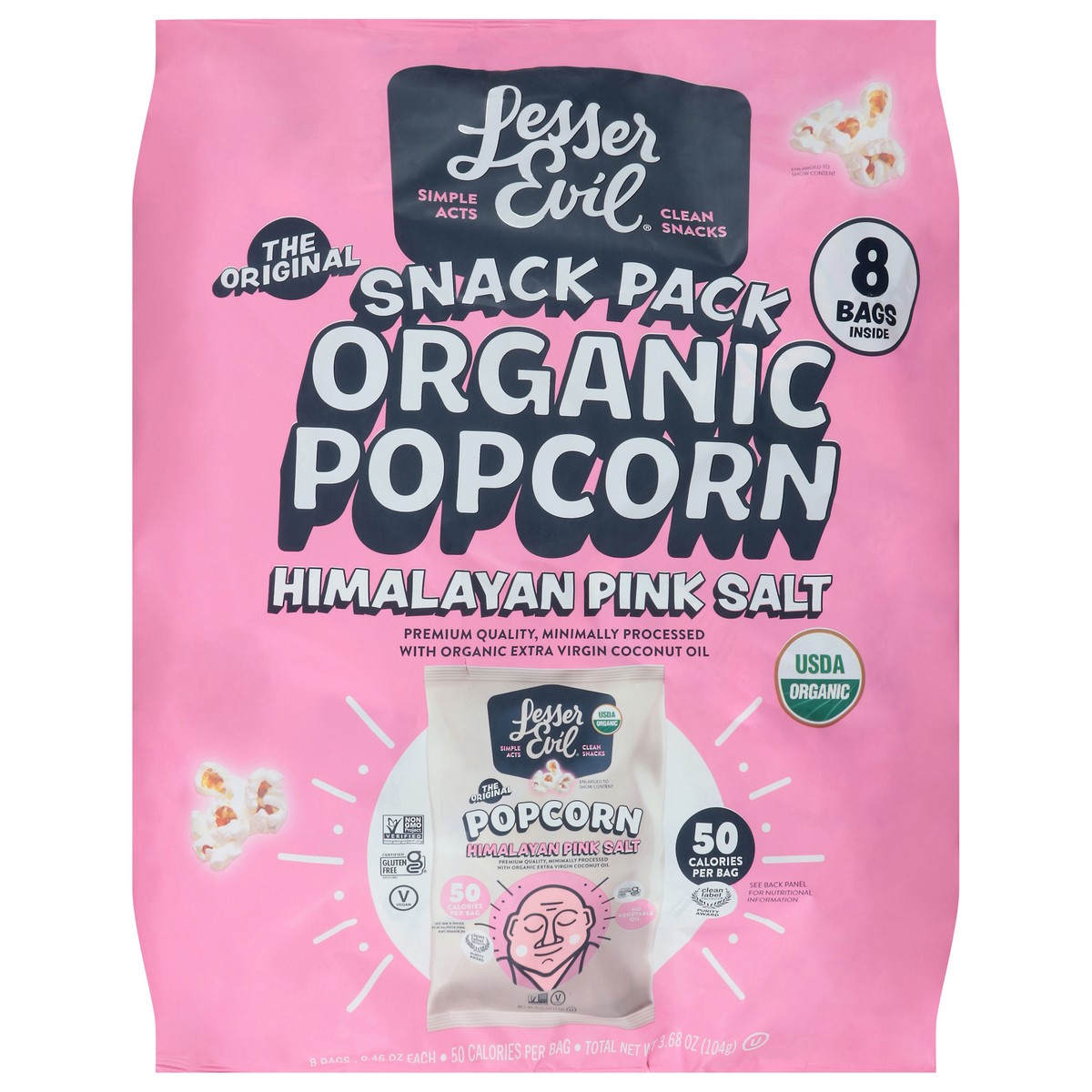 slide 1 of 9, LesserEvil Organic Himalayan Pink Salt Popcorn Snack Pack 8 ea, 3.68 oz