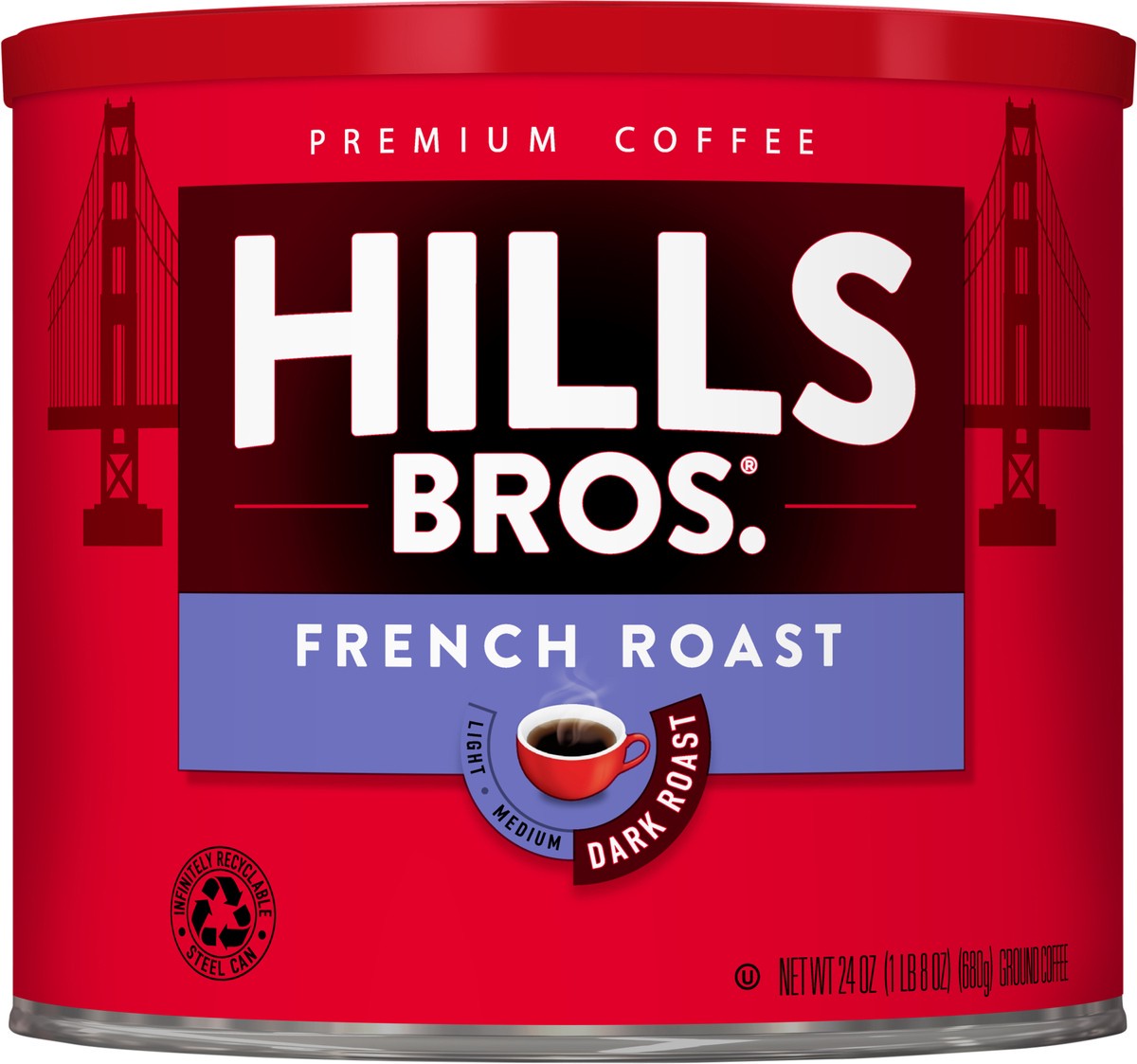 slide 2 of 7, Hills Bros. French Roast Dark Roaste Ground Coffee 24 oz. Can, 24 oz