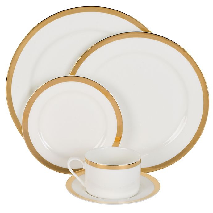 slide 1 of 7, Nevaeh White by Fitz and Floyd Grand Rim Wide Band Gold Place Setting, 5 ct