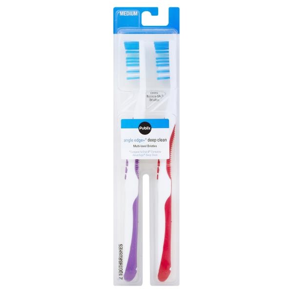 slide 1 of 1, Publix Toothbrushes, Angle Edge+ Deep Clean, Medium, 2 ct