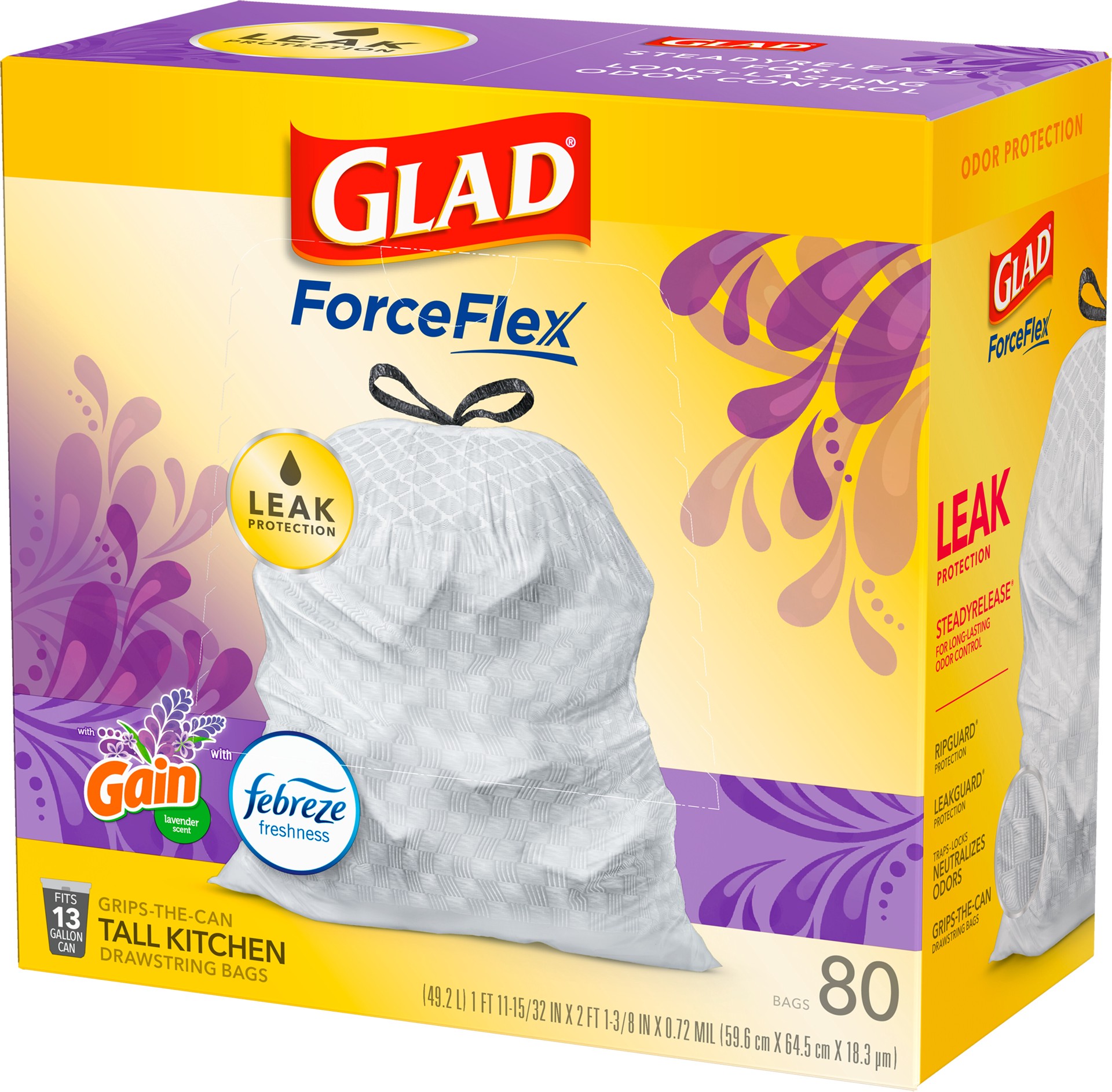 slide 3 of 5, Glad ForceFlex Tall Kitchen Drawstring Trash Bags – 13 Gallon White Trash Bag, Mediterranean Lavender scent with Febreze Freshness – 80 Count, 80 ct