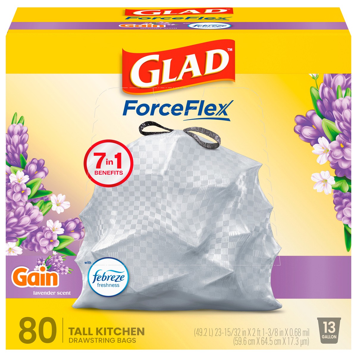 slide 1 of 5, Glad ForceFlex Tall Kitchen Drawstring Trash Bags – 13 Gallon White Trash Bag, Mediterranean Lavender scent with Febreze Freshness – 80 Count, 80 ct