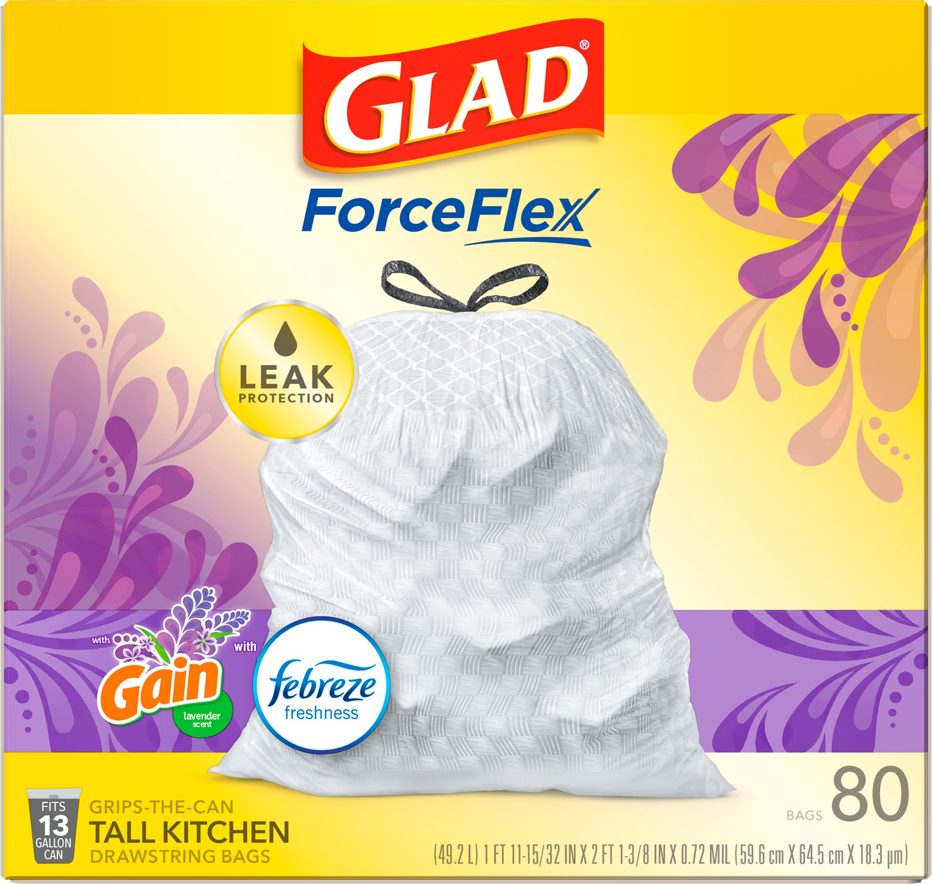 slide 4 of 5, Glad ForceFlex Tall Kitchen Drawstring Trash Bags – 13 Gallon White Trash Bag, Mediterranean Lavender scent with Febreze Freshness – 80 Count, 80 ct