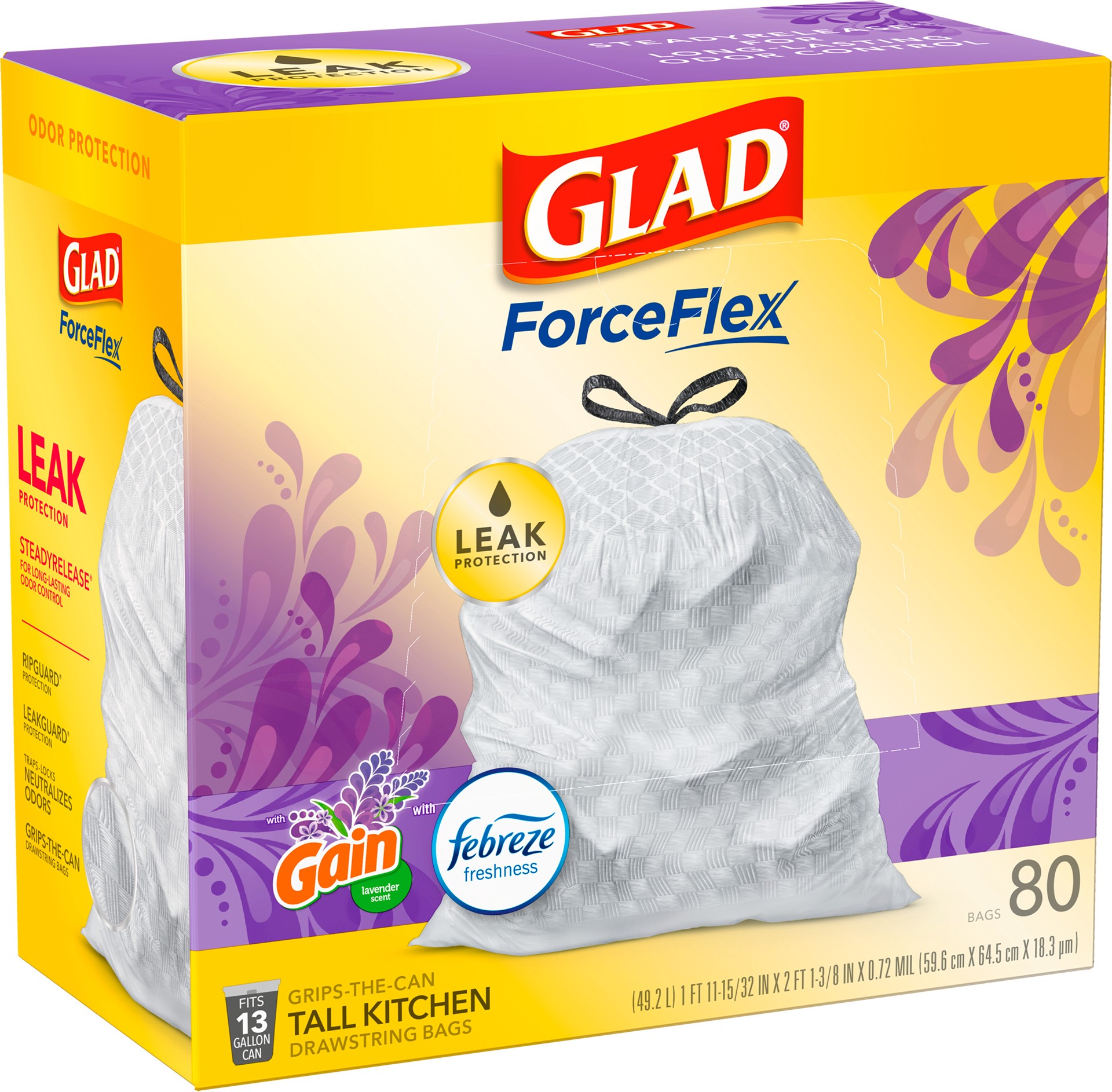 slide 2 of 5, Glad ForceFlex Tall Kitchen Drawstring Trash Bags – 13 Gallon White Trash Bag, Mediterranean Lavender scent with Febreze Freshness – 80 Count, 80 ct