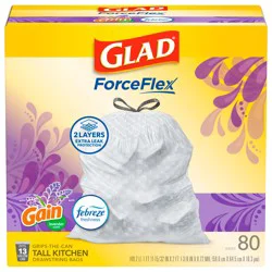 Glad ForceFlex Tall Kitchen Drawstring Trash Bags – 13 Gallon White Trash Bag, Mediterranean Lavender scent with Febreze Freshness – 80 Count