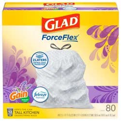 Glad ForceFlex Tall Kitchen Drawstring Trash Bags – 13 Gallon White Trash Bag, Mediterranean Lavender scent with Febreze Freshness – 80 Count