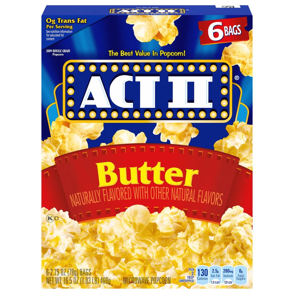 slide 1 of 5, ACT II Butter Microwave Popcorn 6 - 2.75 oz Bags, 6 ct
