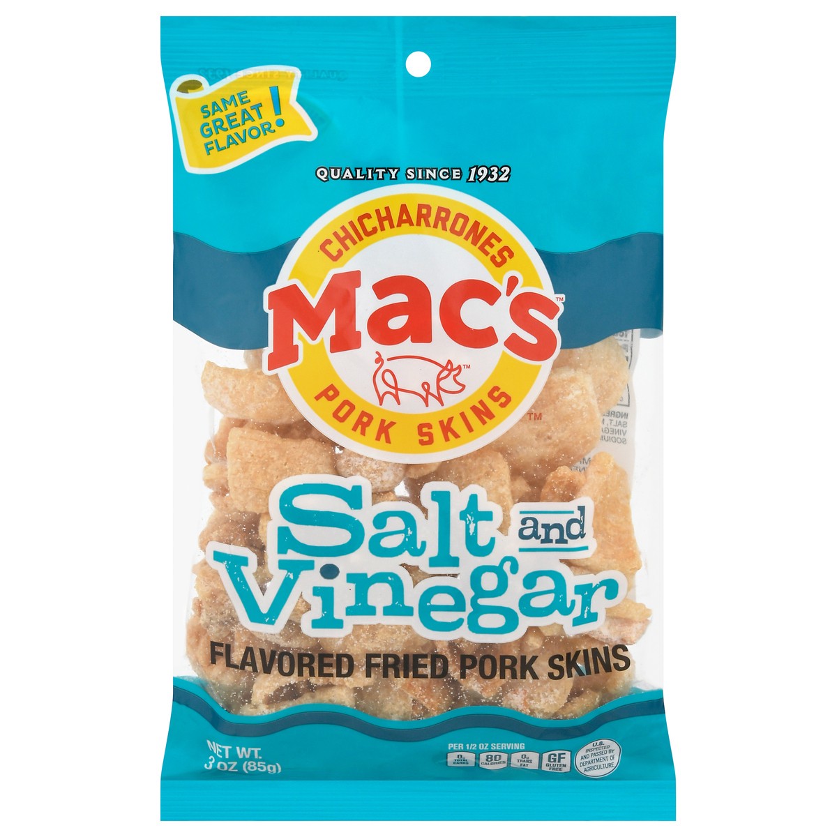 slide 1 of 13, Mac's Salt & Vinegar Fried Pork Skins, 3 Oz., 3 oz