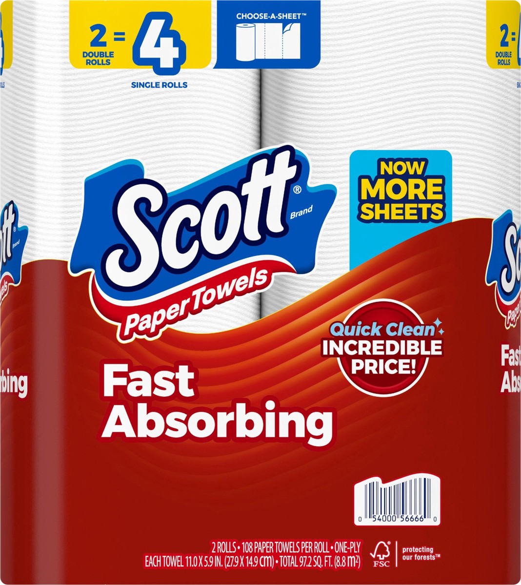 slide 6 of 11, Scott Paper Towels, Choose-A-Sheet, 2 Double Rolls = 4 Regular Rolls (108 Sheets Per Roll), 2 ct