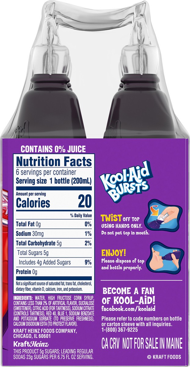 slide 2 of 9, Kool-Aid Bursts Grape Artificially Flavored Soft Drink, 6 ct Pack, 6.75 fl oz Bottles, 6 ct