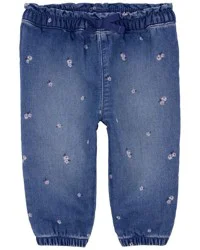 Oshkosh Baby Floral Print Knit-Like Denim Joggers Medium Wash 3M