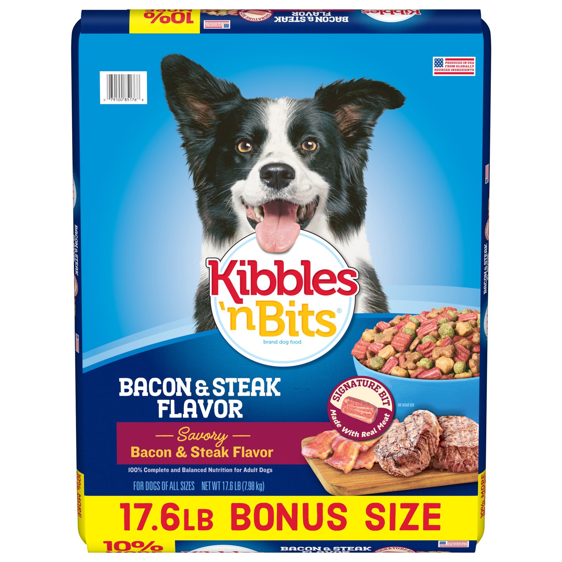 slide 1 of 9, Kibbles 'n Bits Bacon & Steak Flavor Dry Dog Food, 17.6-Pound Bag, 17.6 lb