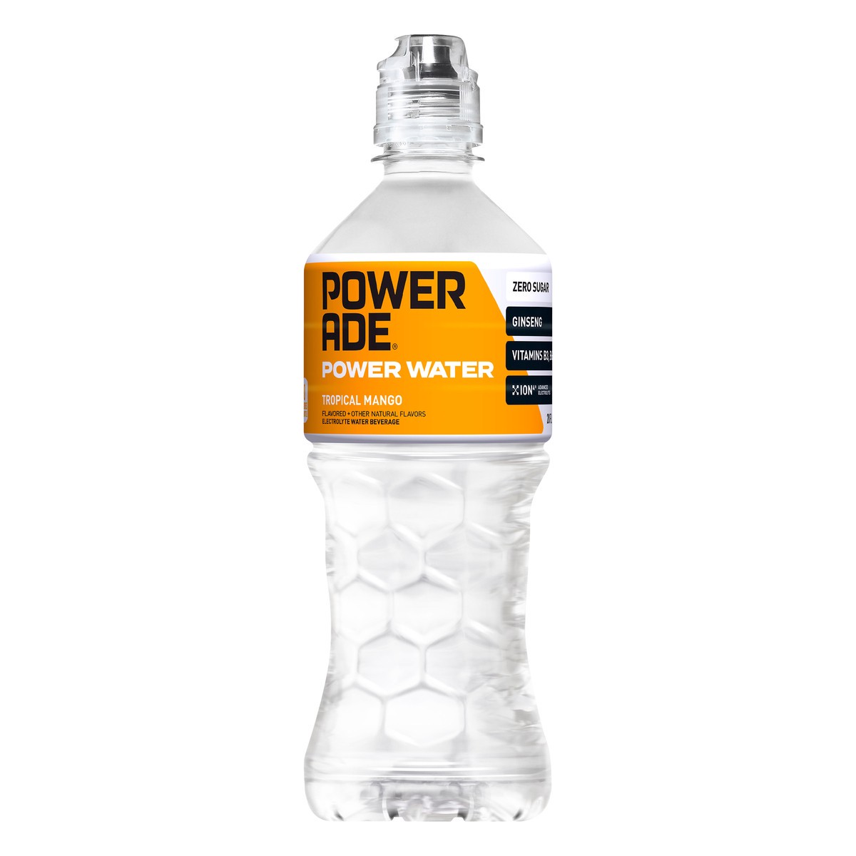 slide 1 of 10, POWERADE Power Water, Tropical Mango, Zero Sugar Zero Calorie ION4 Electrolyte Enhanced Fruit Flavored Sports Drink Bottled Water, w/ Vitamins B3, B6, and B12, 20 fl oz