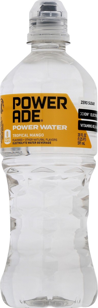 slide 9 of 10, POWERADE Power Water, Tropical Mango, Zero Sugar Zero Calorie ION4 Electrolyte Enhanced Fruit Flavored Sports Drink Bottled Water, w/ Vitamins B3, B6, and B12, 20 fl oz