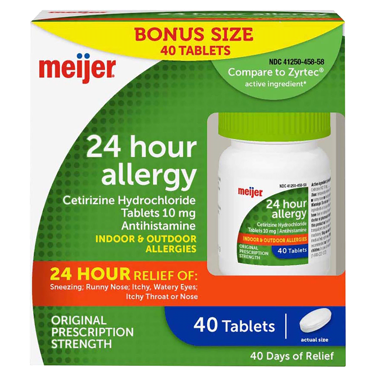 slide 1 of 1, Meijer 24 Hour Allergy, Cetirizine Hydrochloride Tablets, 10 mg, 40 ct