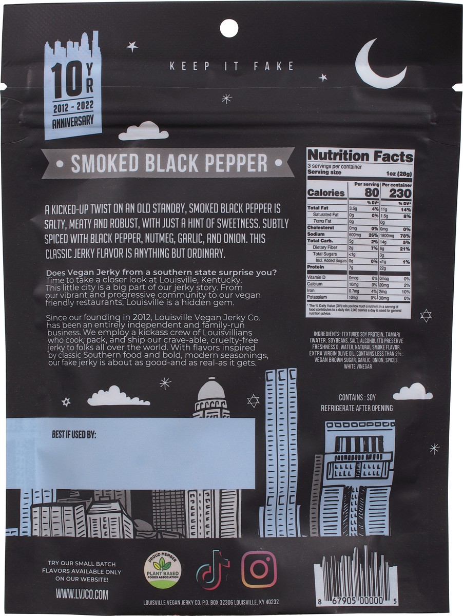 slide 9 of 9, Louisville Vegan Jerky Co. Smoked Black Pepper Soy Jerky 3 oz, 3 oz