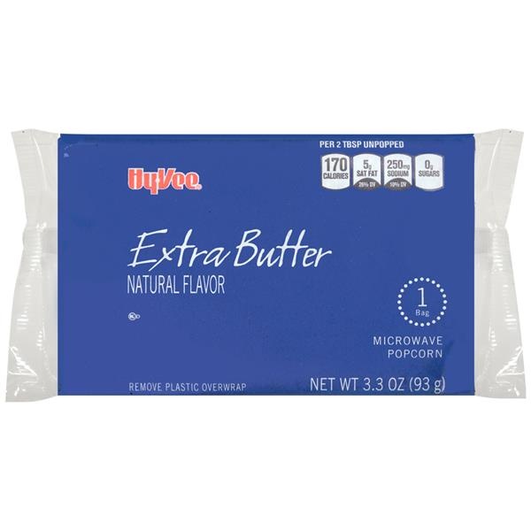 slide 1 of 1, Hy-vee Extra Butter Flavored Microwave Popcorn, 3.3 oz