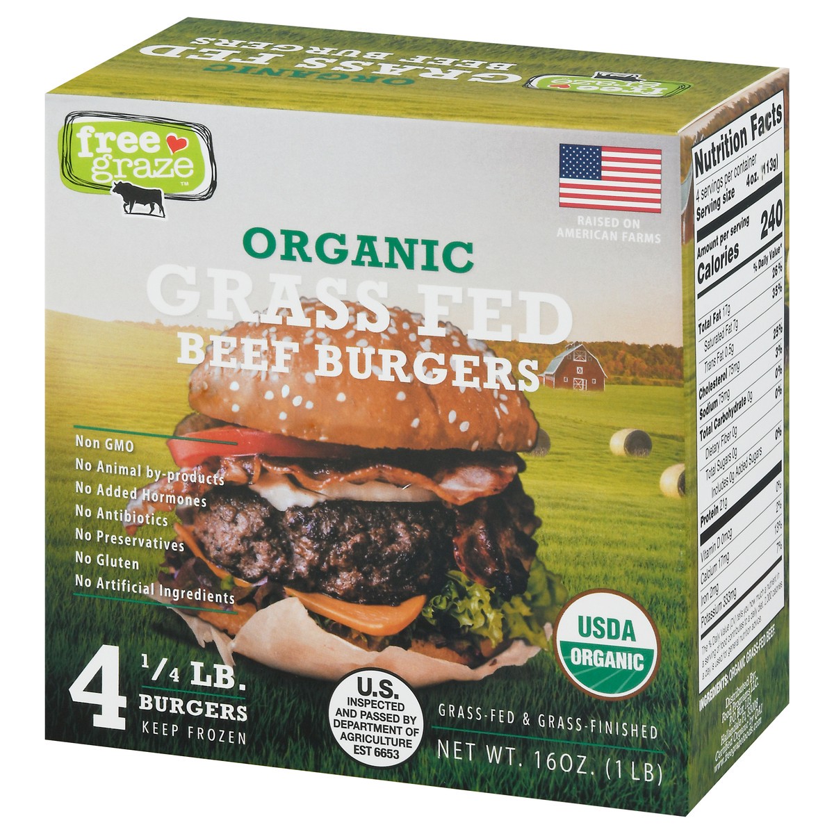 slide 3 of 9, Free Graze Organic Grass-Fed Burgers, 4 ct; 4 oz