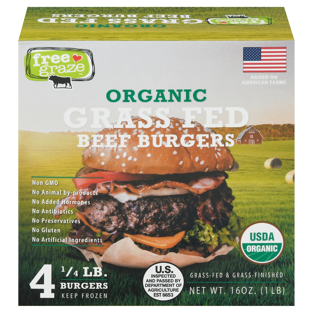 slide 1 of 1, Free Graze Organic Grass-Fed Beef Burgers 4 ea, 4 ct