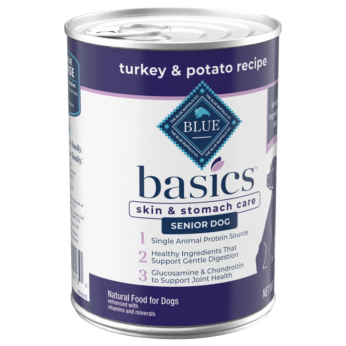 slide 2 of 9, Blue Buffalo Basics Skin & Stomach Care, Grain Free Natural Senior Wet Dog Food, Turkey 12.5-oz Can, 12.5 oz