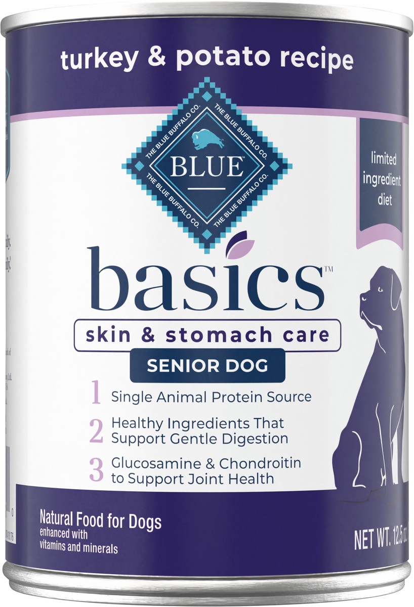 slide 1 of 9, Blue Buffalo Basics Skin & Stomach Care, Grain Free Natural Senior Wet Dog Food, Turkey 12.5-oz Can, 12.5 oz