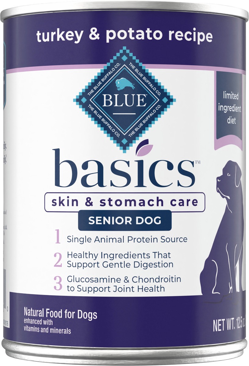 slide 6 of 9, Blue Buffalo Basics Skin & Stomach Care, Grain Free Natural Senior Wet Dog Food, Turkey 12.5-oz Can, 12.5 oz